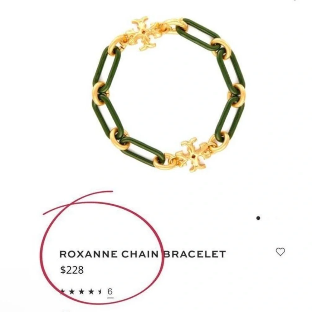 NWT Tory Burch Roxanne Chain Bracelet in Equestrian Green / Gold $228